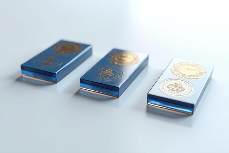 Badges de certification AIFM, UCITS IV, MiFID II, PRIIPS sur un fond moderne