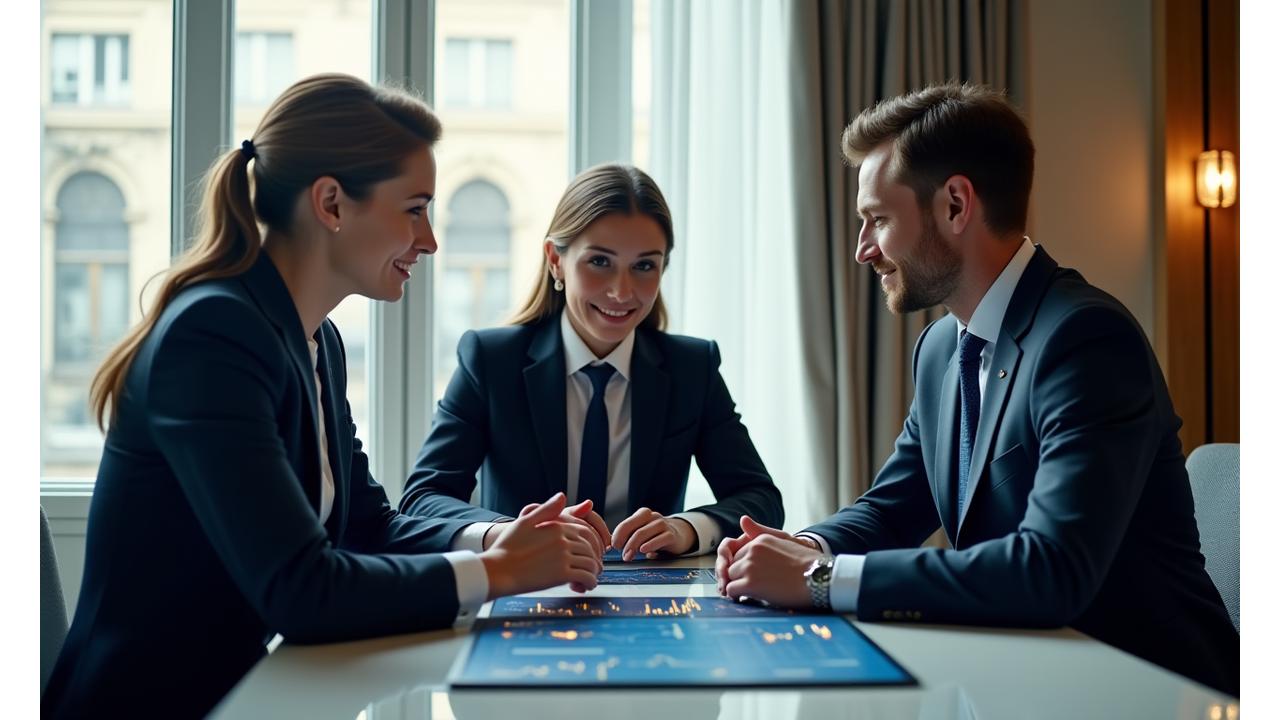 Image d'un bureau moderne, épuré et lumineux avec des membres d'une équipe financière en discussion collaborative devant un écran affichant des données boursières complexes, symbolisant le conseil expert et les opportunités futures.