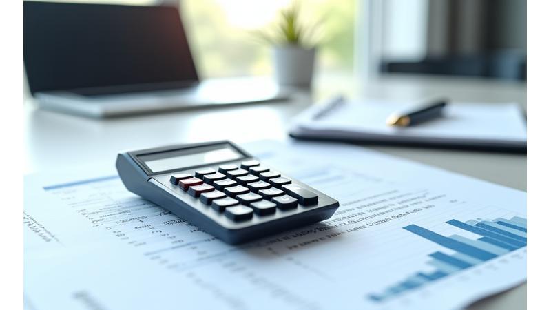 Une calculatrice financière et des documents d'affaires sur un bureau élégant, symbolisant l'évaluation précise.