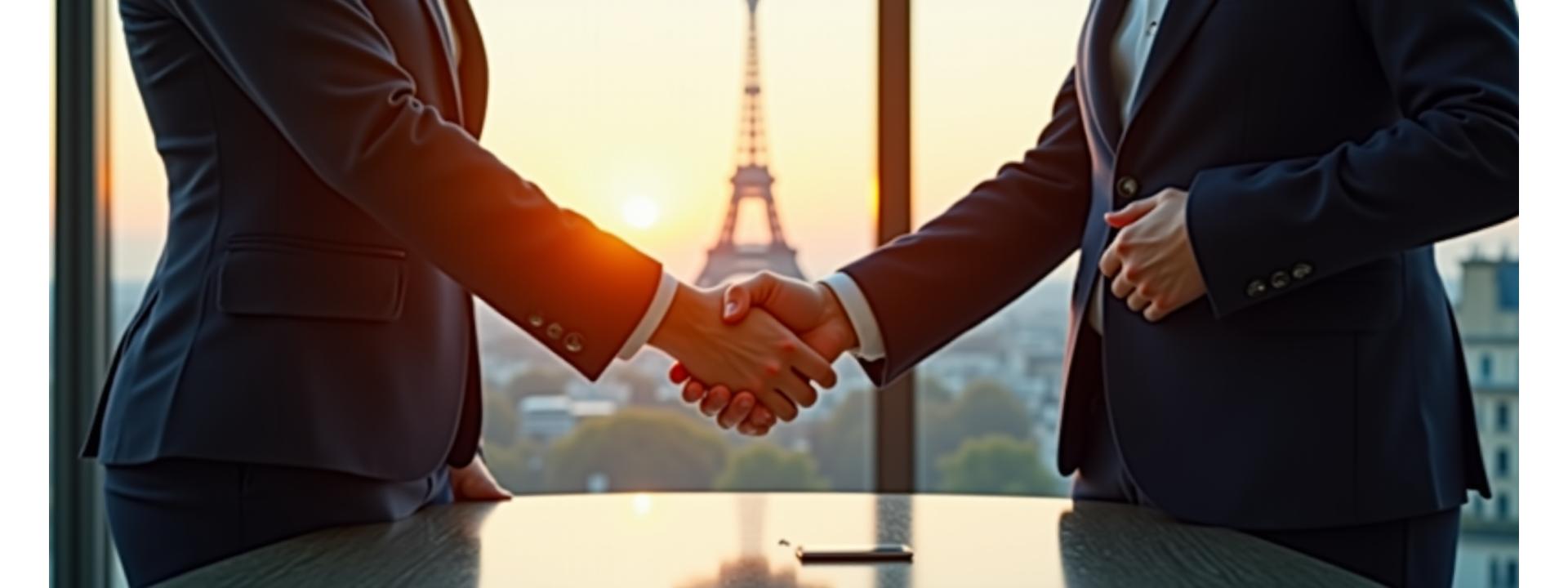 Deux hommes d'affaires se serrant la main devant une skyline parisienne, symbolisant une transaction réussie