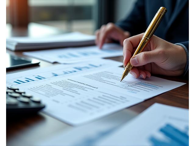 Graphiques financiers montrant la croissance et une main tenant un stylo sur un contrat, symbolisant la valorisation et la négociation