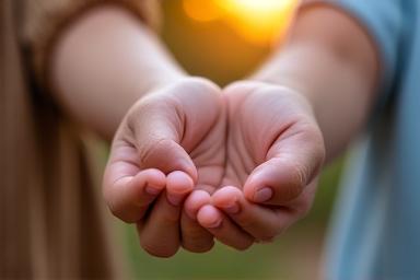 Mains d'enfants dans mains d'adultes, symbole d'inclusion sociale et d'éducation