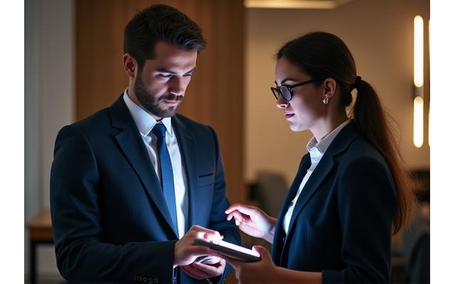 Conseiller financier et dirigeant discutant de stratégies complexes sur une tablette, symbolisant une consultation personnalisée.