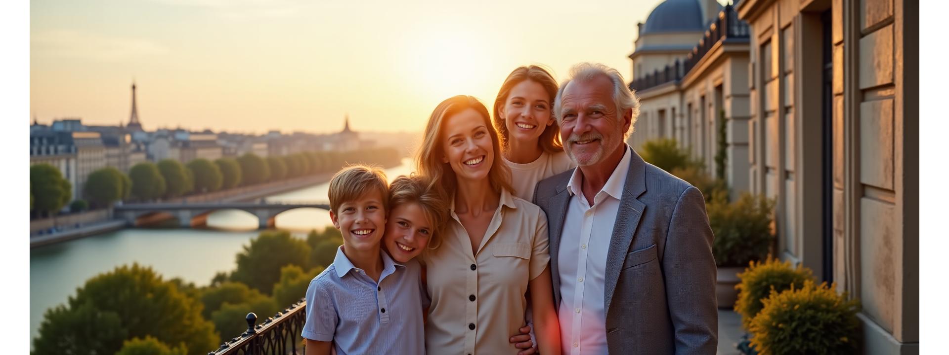 Photo d'une famille multigénérationnelle souriante, symbolisant la transmission et la pérennité du patrimoine.